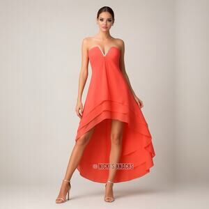 La Femme Hot Coral Strapless High Low Prom Dress Embellished Formal Gown Size 6
